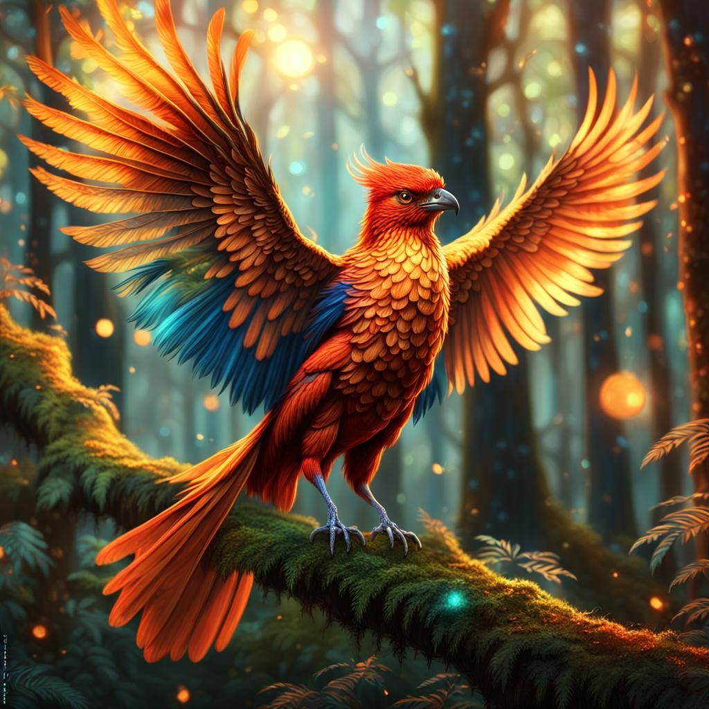 Fantastical Firebird Soars in Vibrant, Mystical Forest