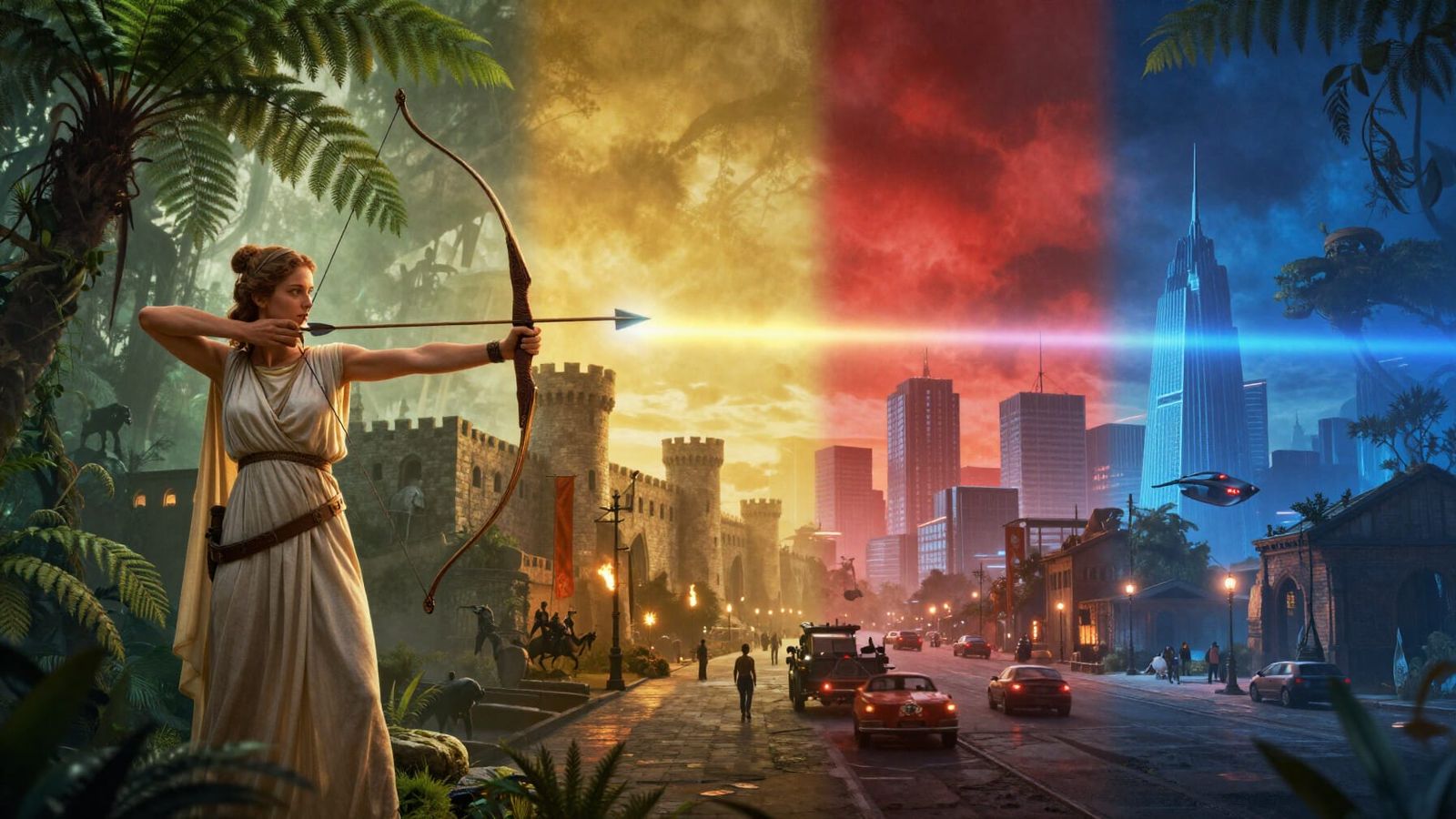 Woman Shooting Arrow Through Time Eras