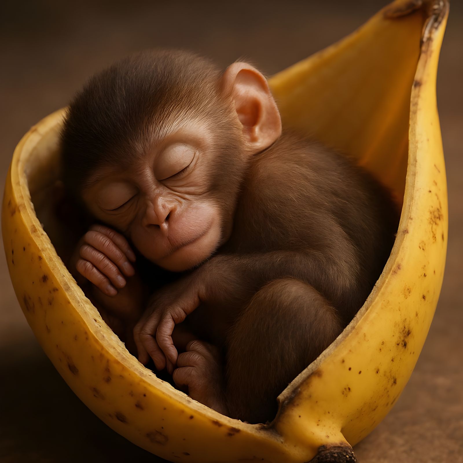 Highly Detailed CGI Miniature Monkey Sleeping in Banana Peel