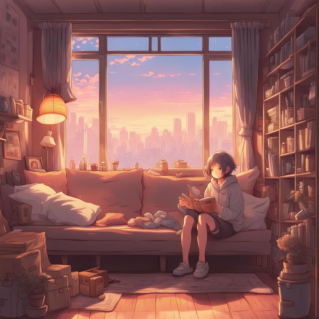 Cozy Japanese Manga Study Scene in Warm Light