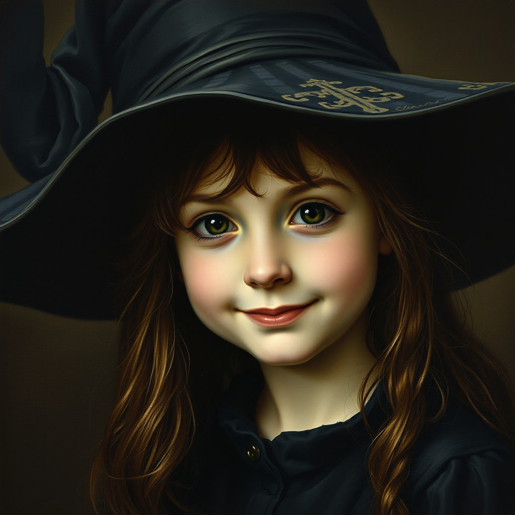 Young Girl Smiles Beneath a Majestic Witch Hat in Chiaroscur...