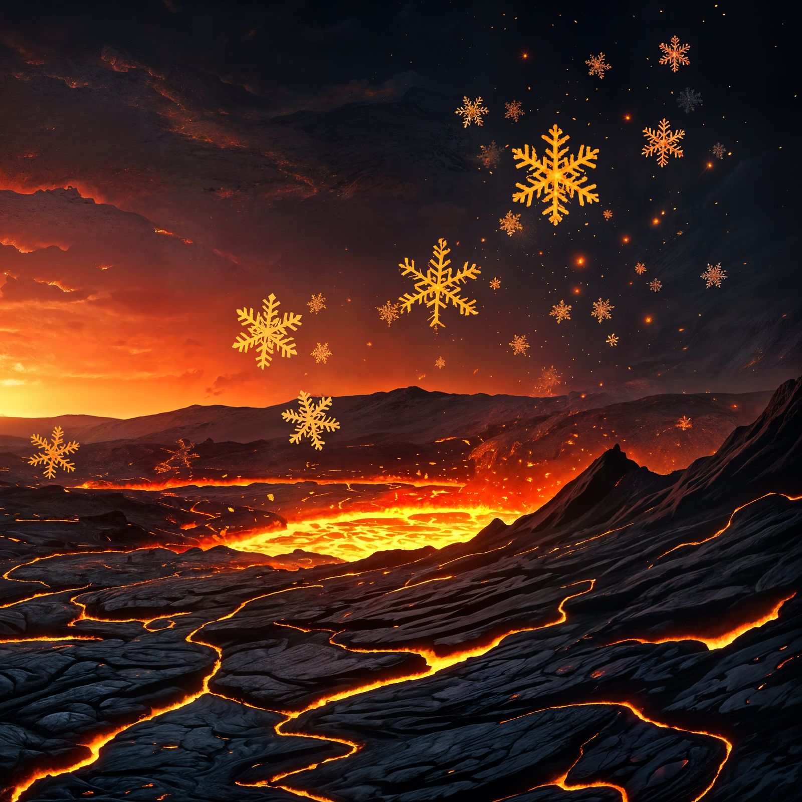 Fiery Snowflakes Descend Upon a Blazing Inferno