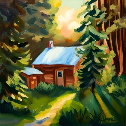 A cabin in the Michigan woods on the bank of a flowing river. in Gouache Style, Watercolor, Museum Epic Impressionist Ma...