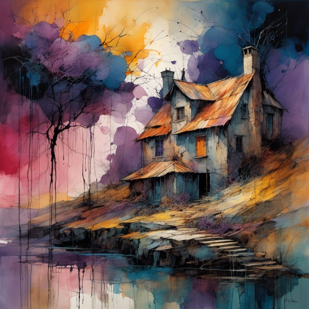 Vibrant Art Brut Landscape with Distant Mansion in a Turbule...
