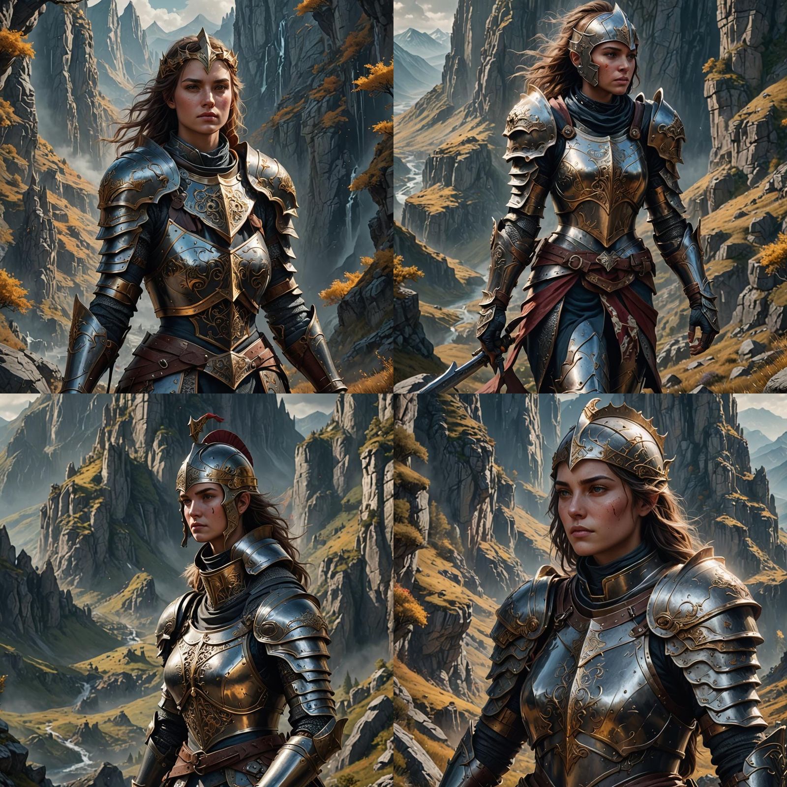 Elegant Female Knight in Majestic Mountain Landscape