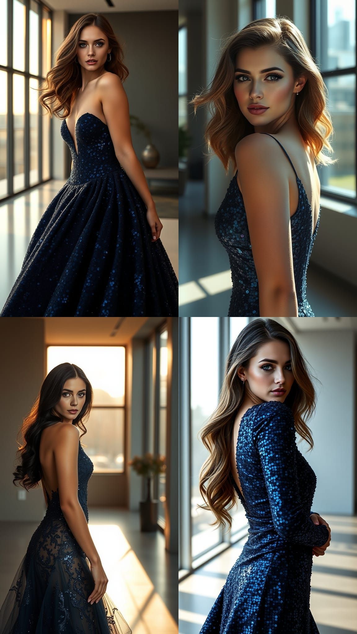 Elegant Woman in Midnight Blue Gown, High-Fashion Portrait i...