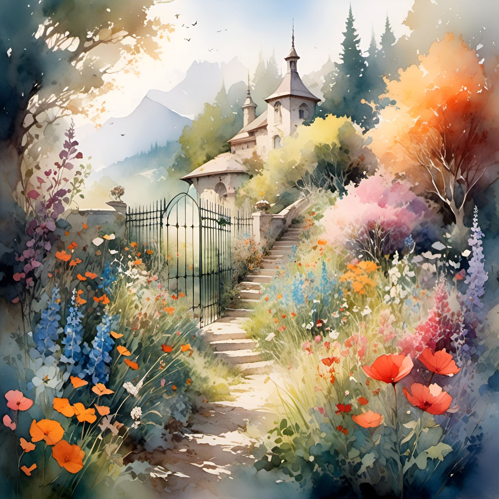 Dreamy Watercolor Garden Scene with Wildflowers