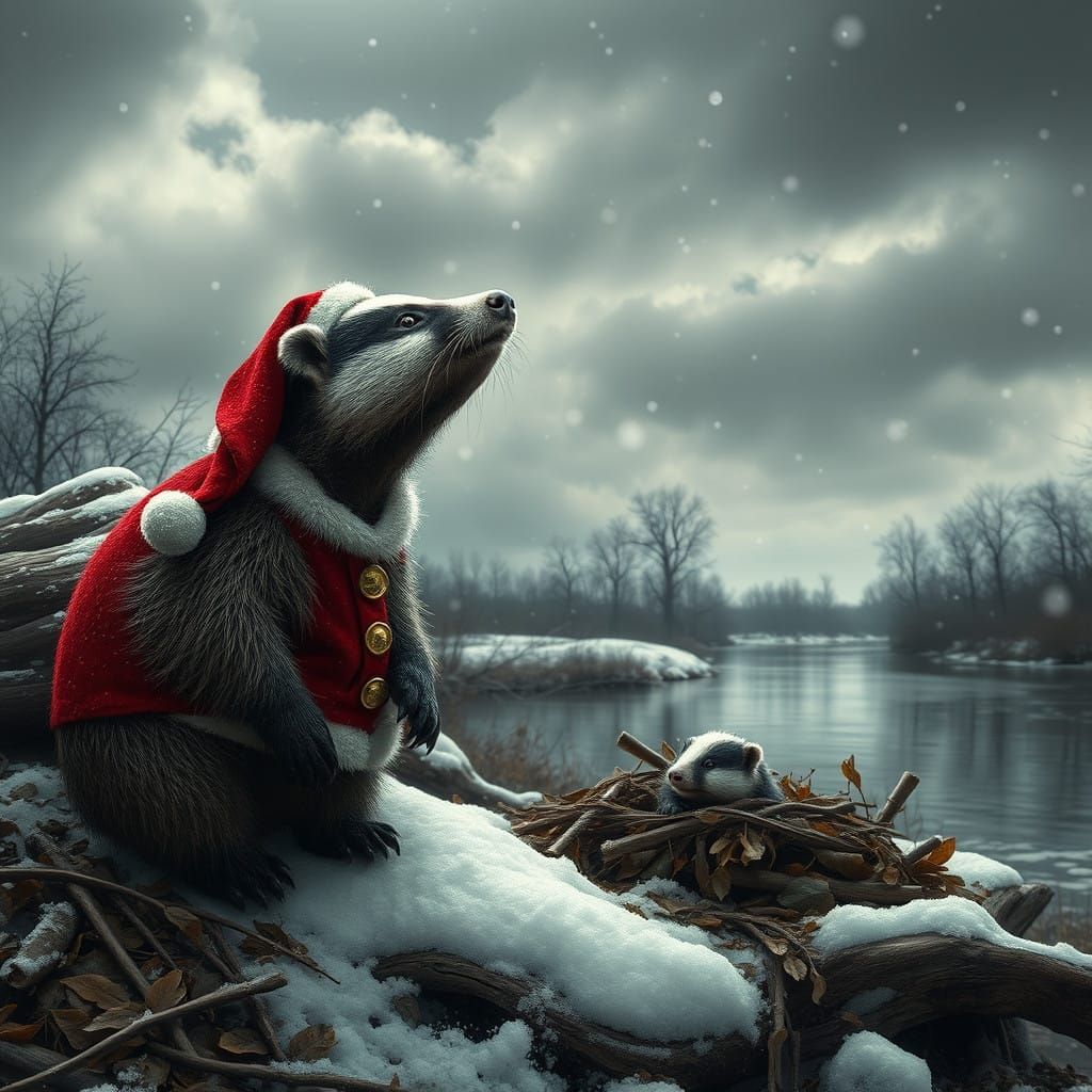 Soggy Santa Badger Contemplates Winter Wonderland in Realist...