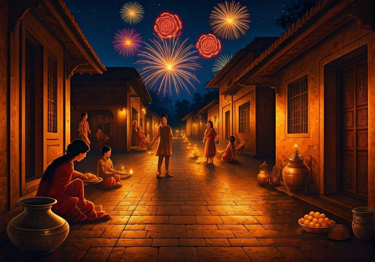 Diwali in a Serene Old Indian Village with Golden Light