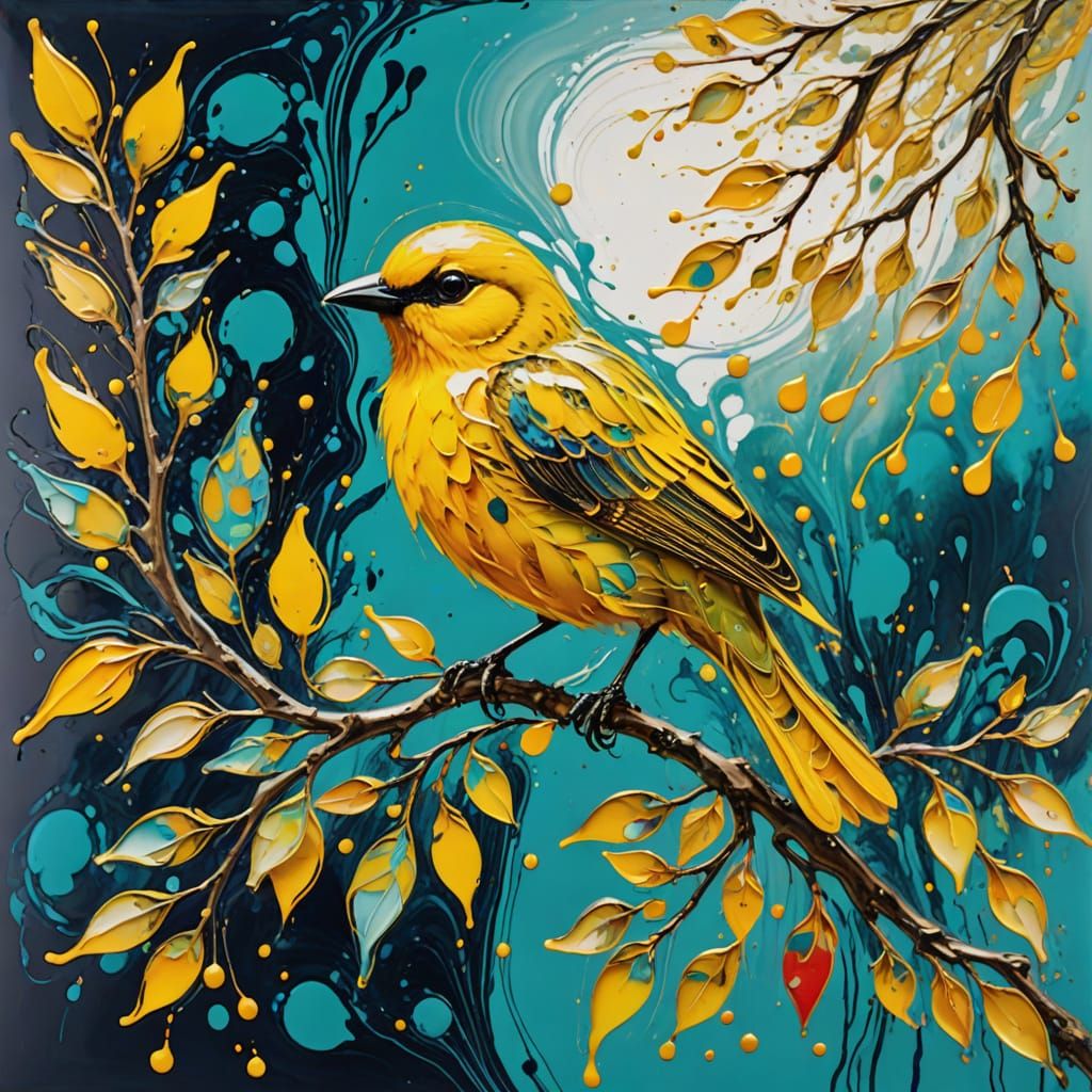 Vibrant Fluid Art Bird Perched on Branch