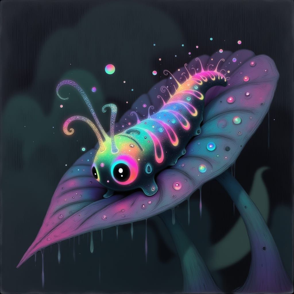 Bioluminescent Inchworm in Watercolor with Rainbow Colors