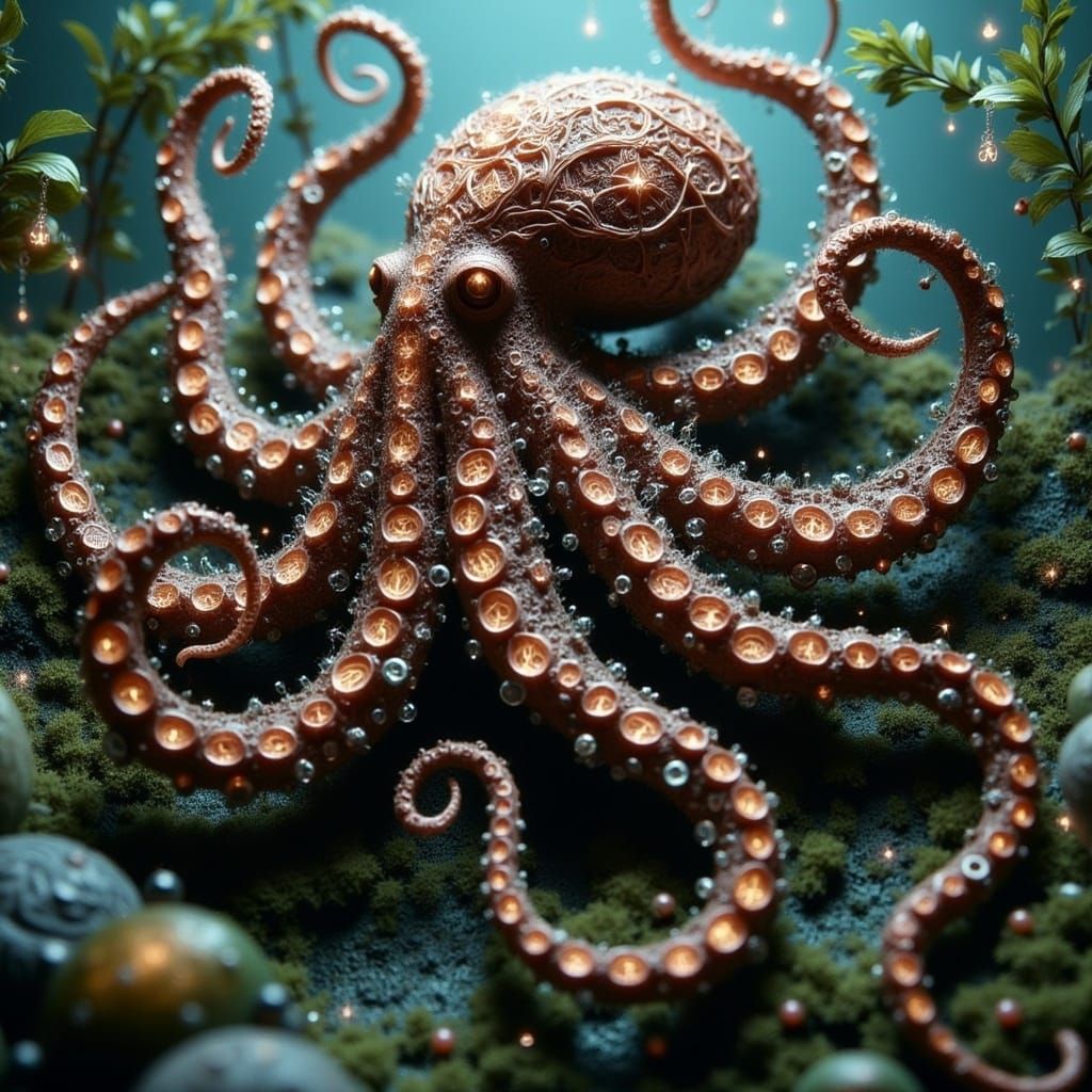 Ethereal Mermaid and Octopus Hug in Hyper Realistic Scene