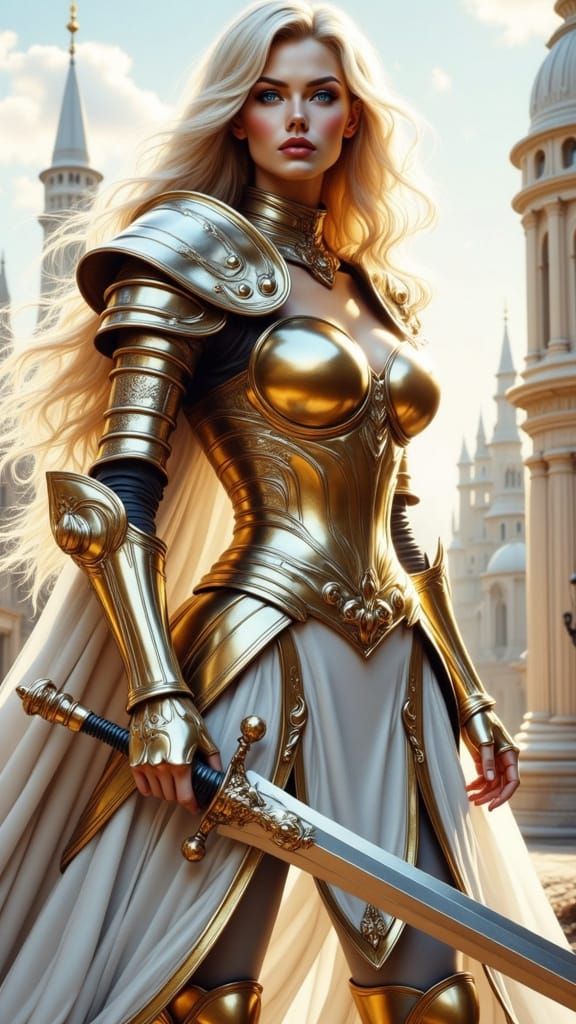 Holy Paladin Warrior in Shining Gold Armor Stands Guard Befo...