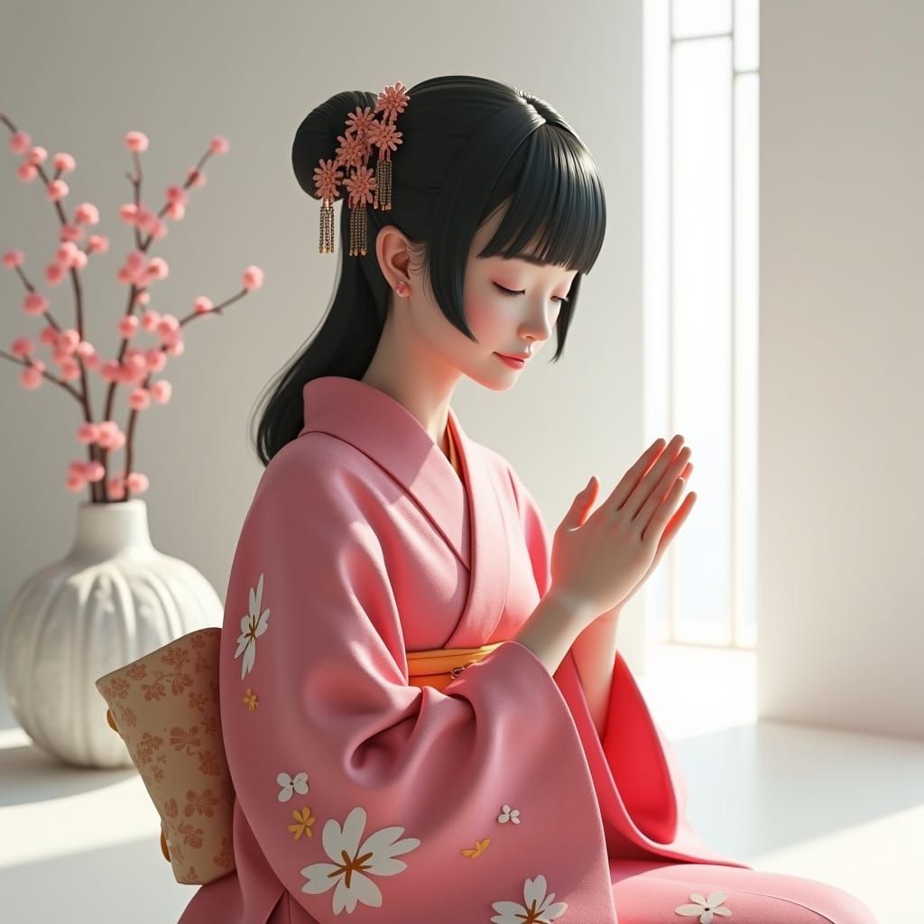 Serene Japanese Woman in Elegant Pink Kimono, Bowing in Grat...