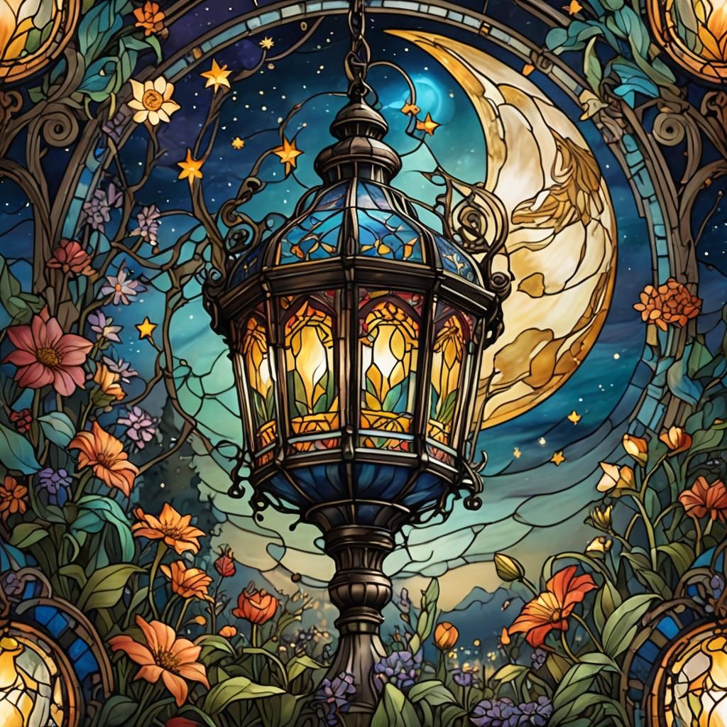 Brightly glowing Art nouveau stained glass lantern hanging in a garden under a full moon and twinkling stars