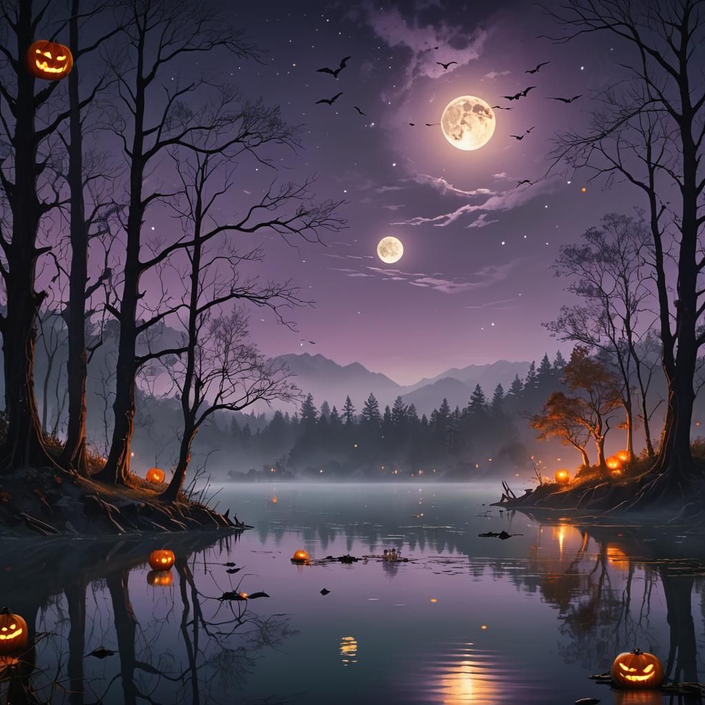 Haunted Lake Landscape in Vibrant Purple and Orange Hues