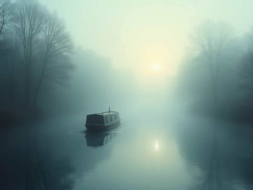 Narrow Boat on Foggy Canal at Dawn