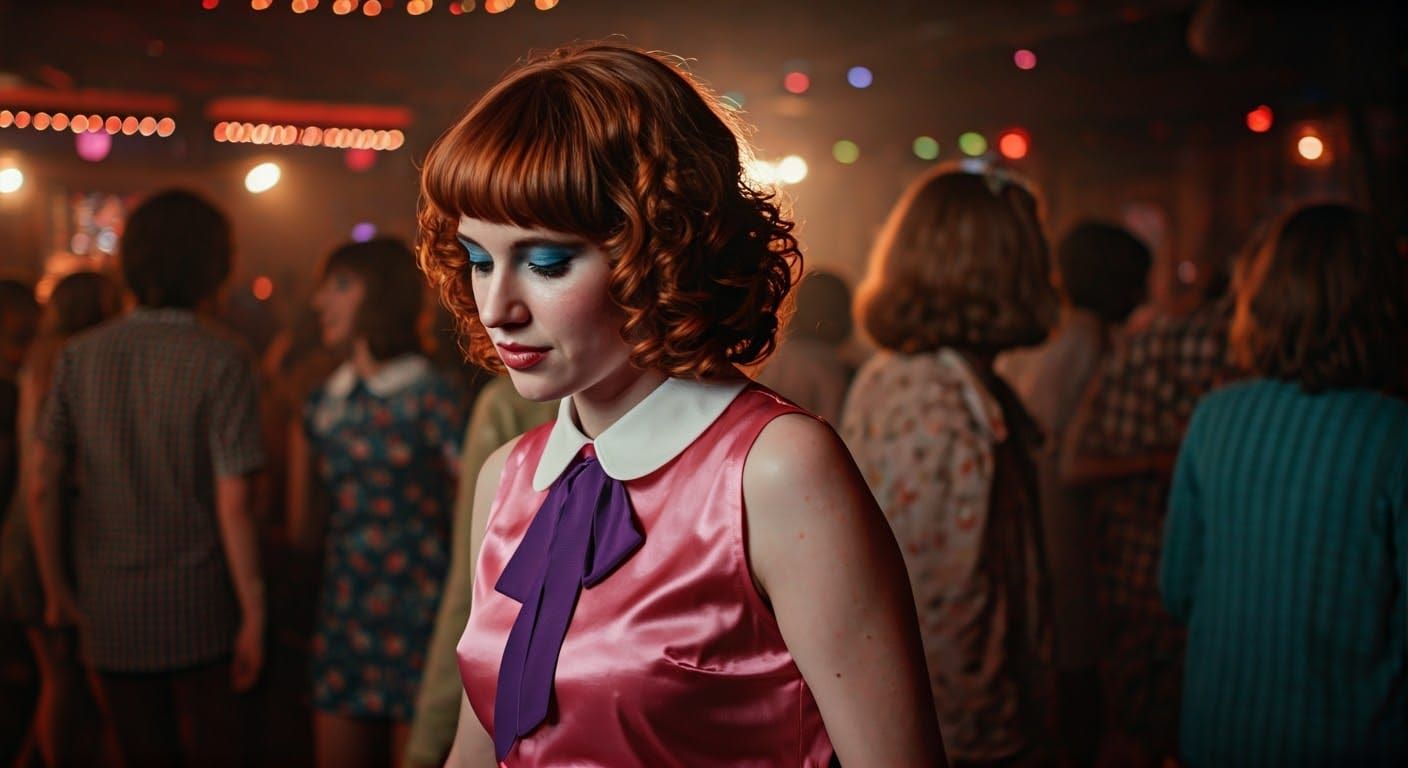 Woman in 1970s Nightclub, Pink Mini Dress, Smoky Backdrop