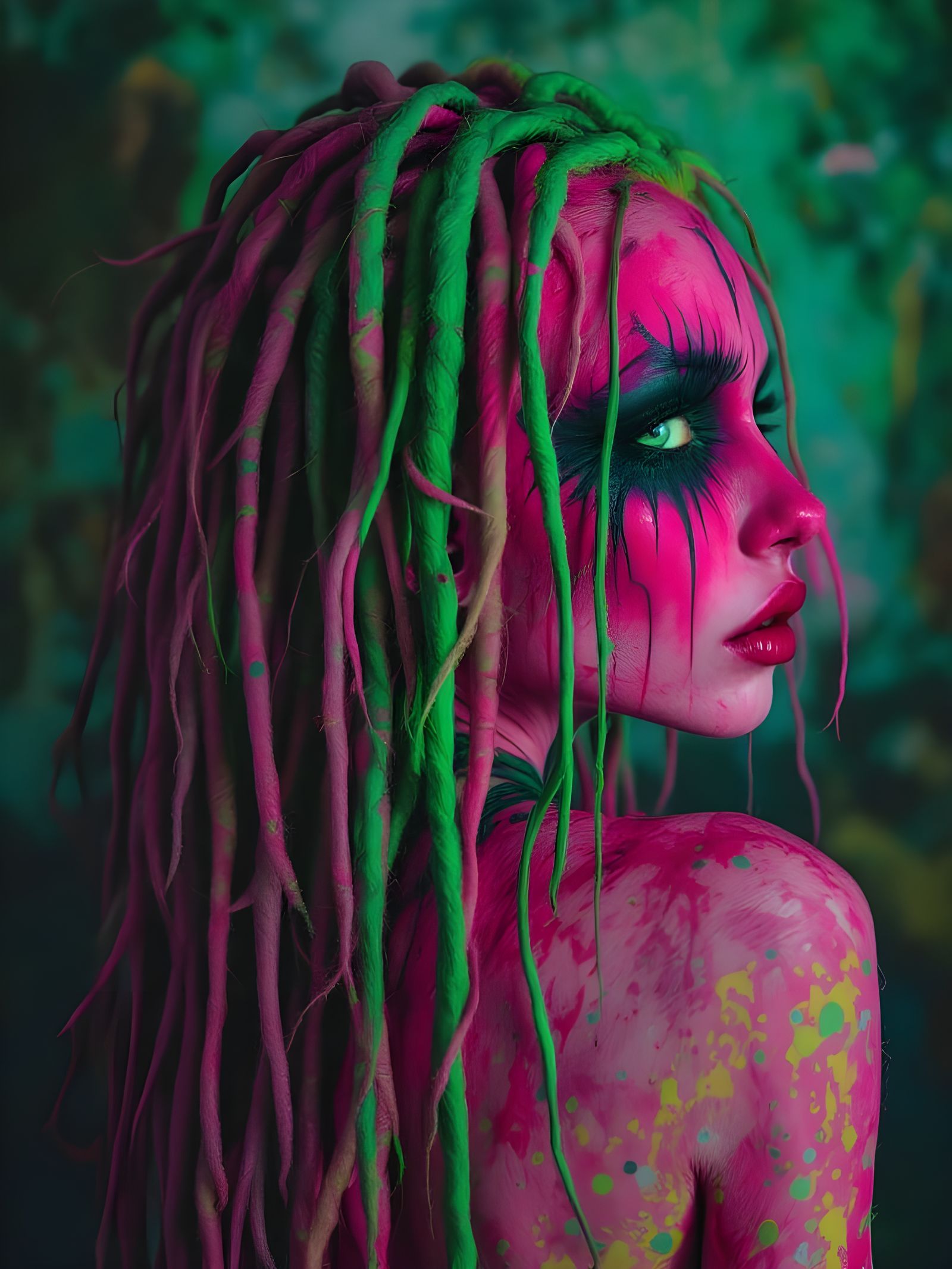 A Vibrant Pink Witch with Green Dreadlocks in a Dreamlike Sc...