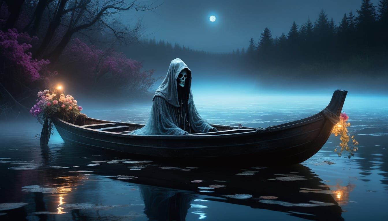 Surreal Ghostly Figure Navigates Haunting River Landscape in...
