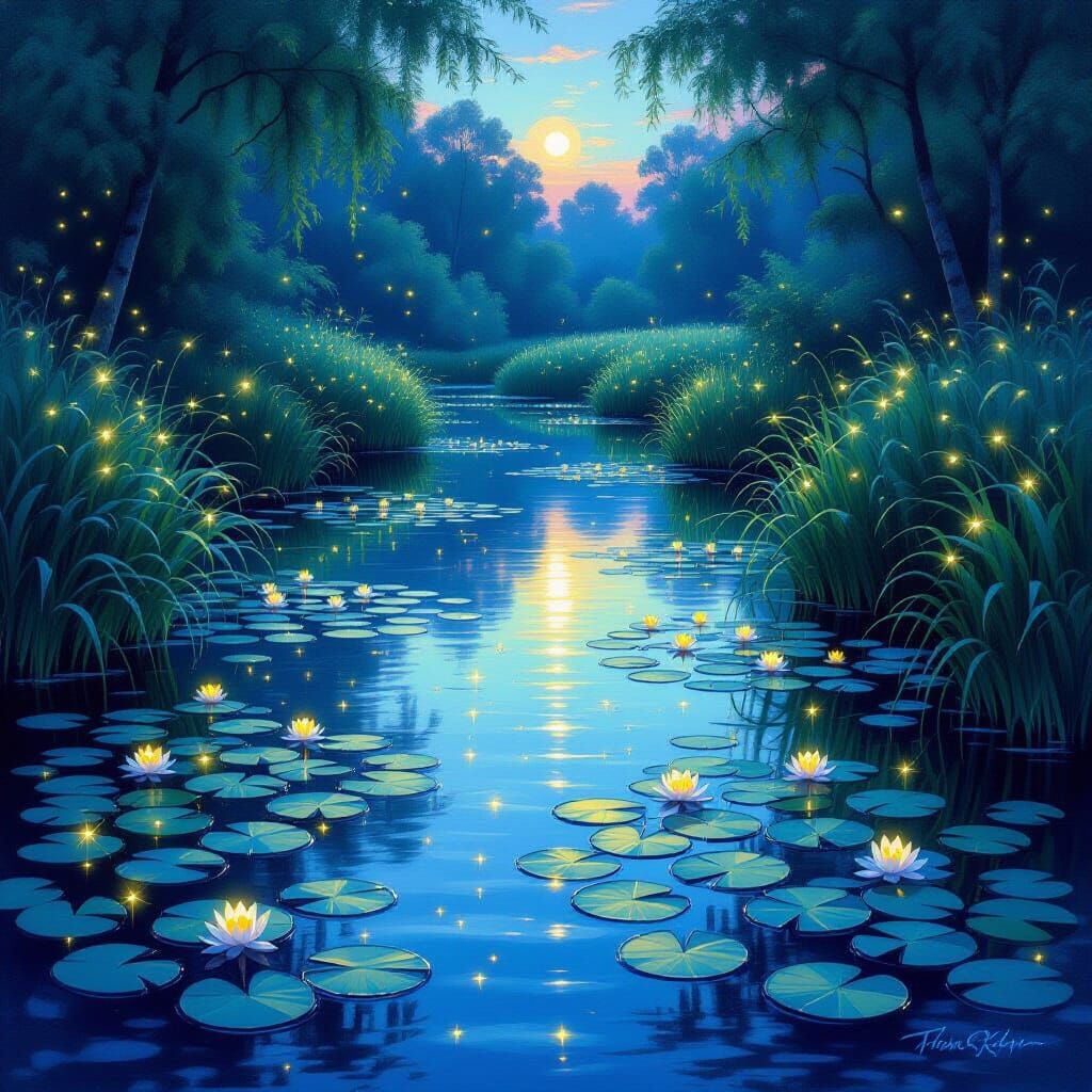 Fireflies Over Lily Pads at Dusk in Painterly Style