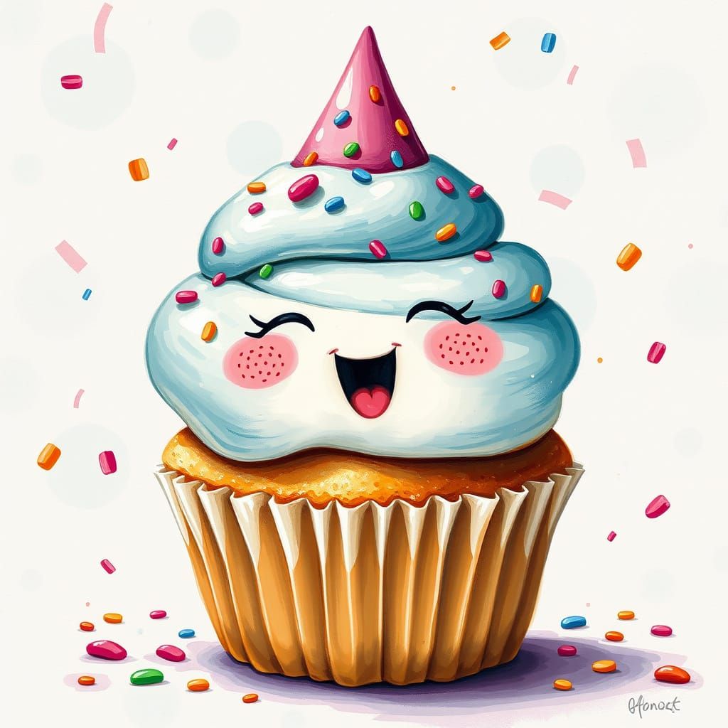 Delighted Cupcake with Party Hat in Gouache Style