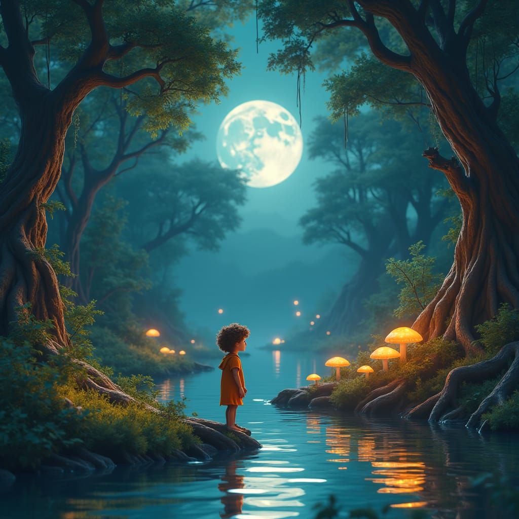 Enchanted Riverbank Scene in Mystical Landscape Art