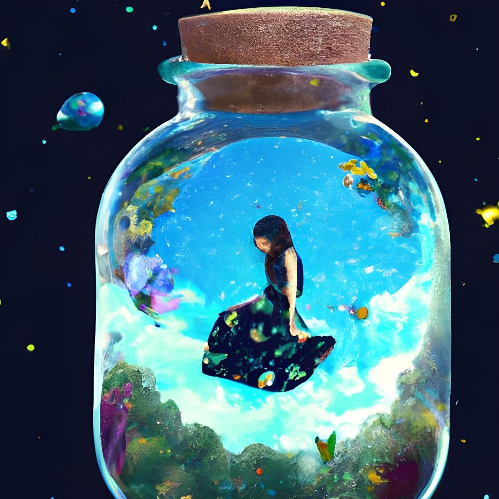 A girl in a bottle traveling in space time through galaxies.