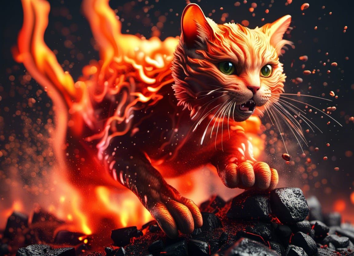 Surreal Cyberpunk Cat Leaps Through Lava Flames