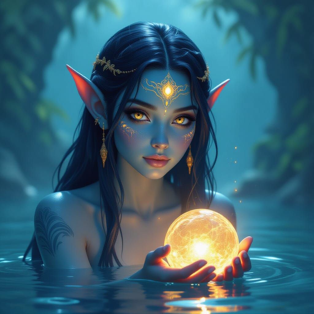 Blue-Skinned Fantasy Woman Holds Glowing Orb Underwater
