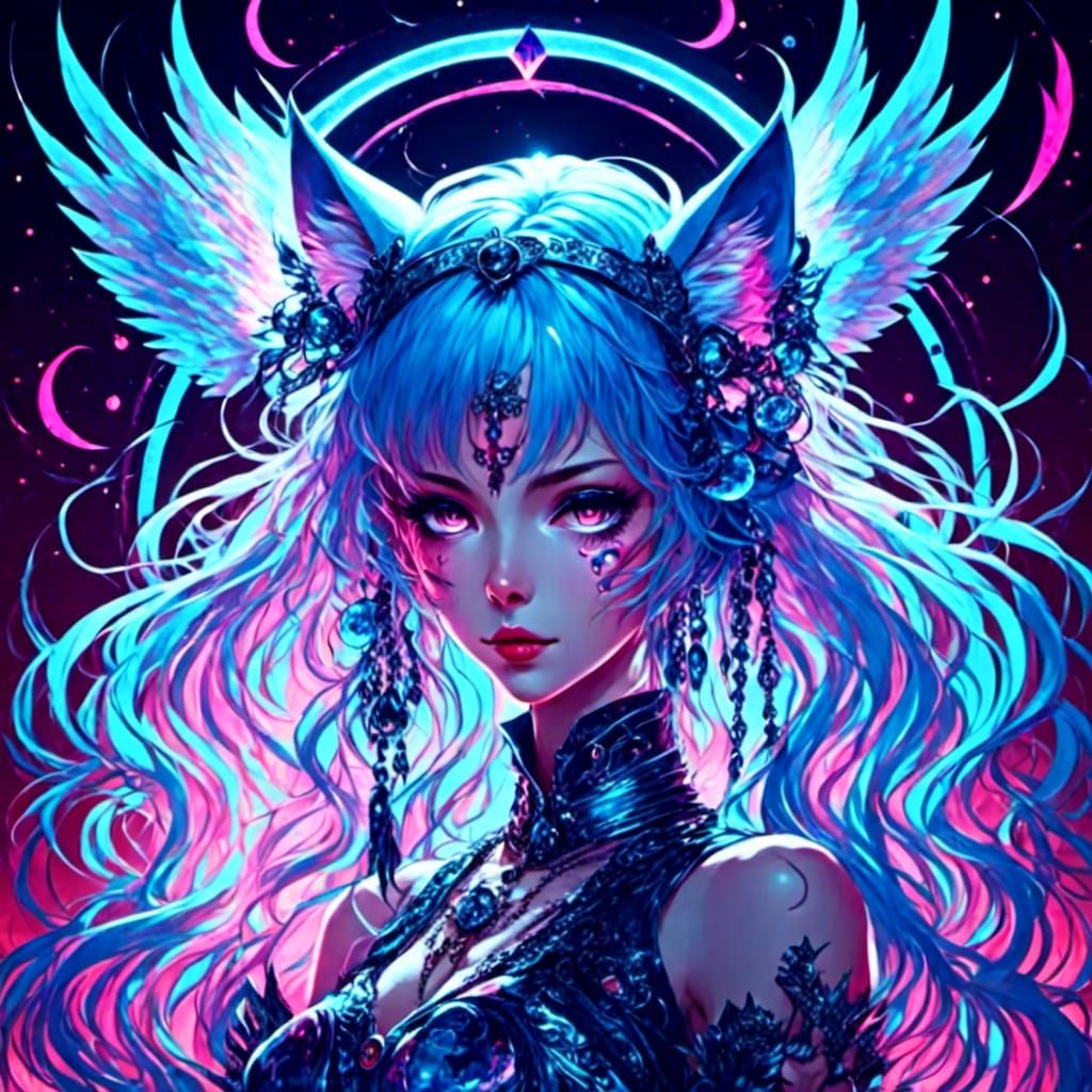 Surreal Goddess Revealed in Neon-Lit Anime Angel Scene