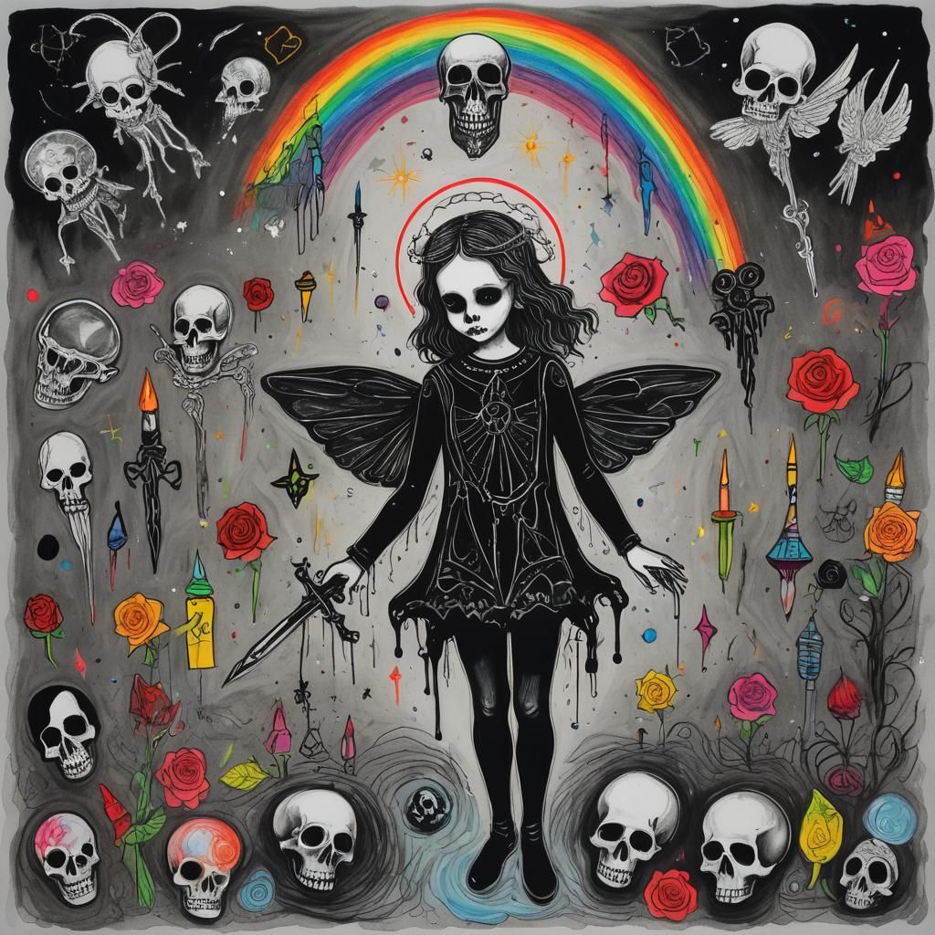 Child's Surreal Crayon Art of a Goth Woman in Dark Wonderlan...