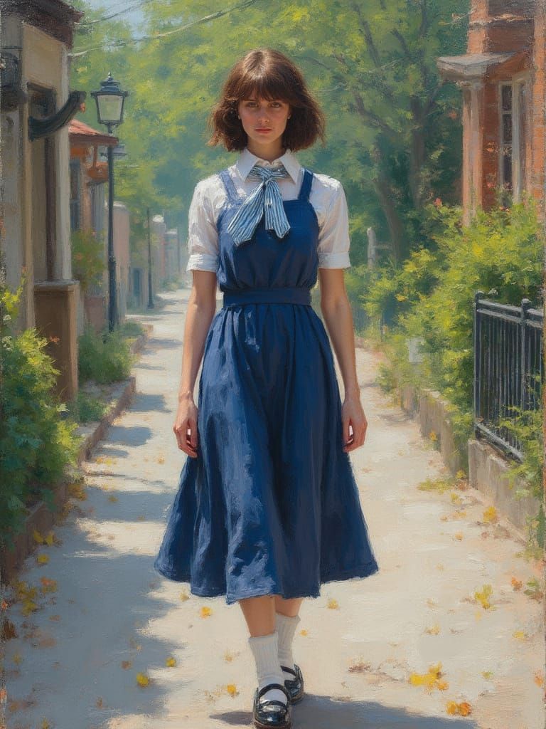 Young Woman in Pinafore Dress, Impressionist Style