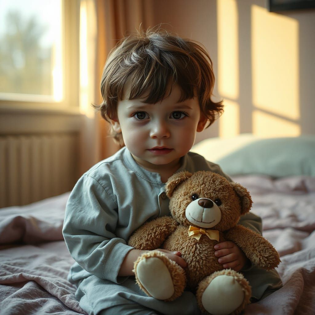 Child with Teddy Bear in Emotive Portrait Style