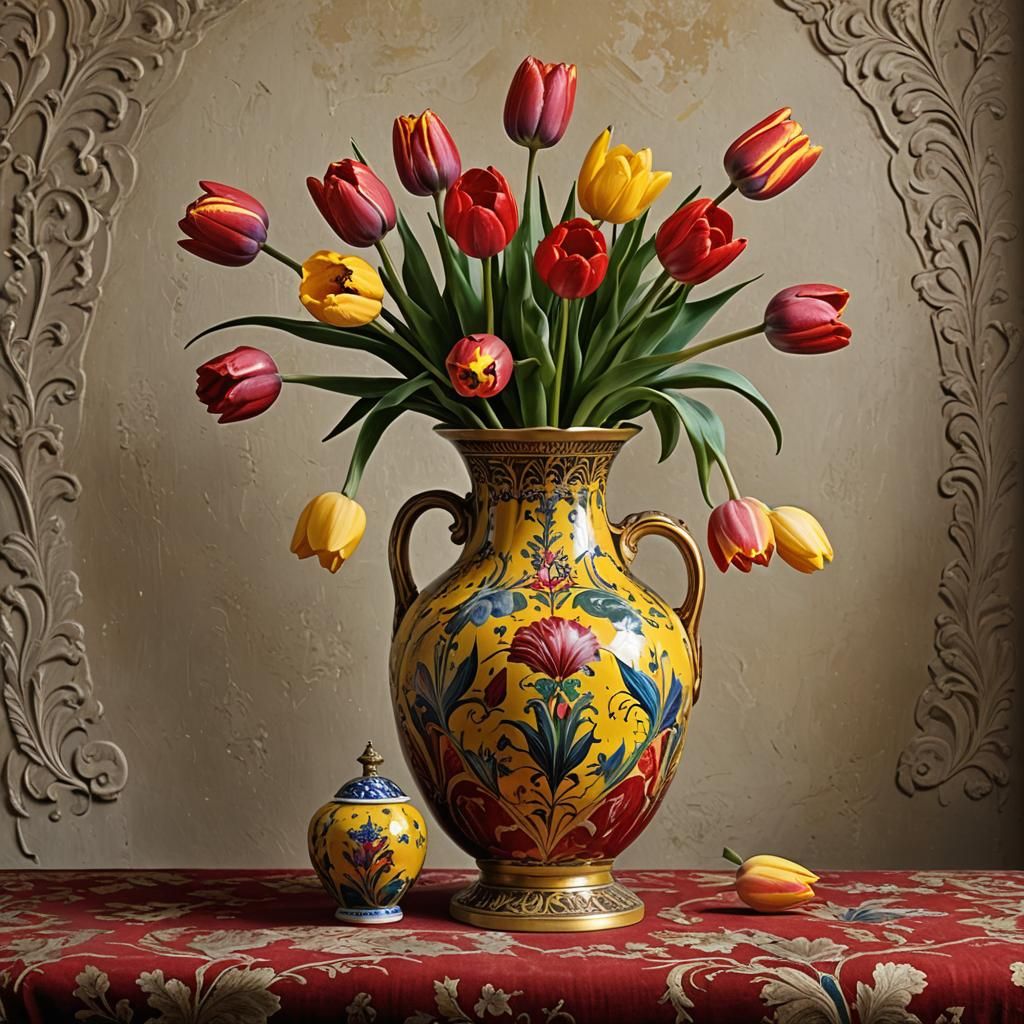 Vibrant Red Tulips Amidst Vintage Elegance