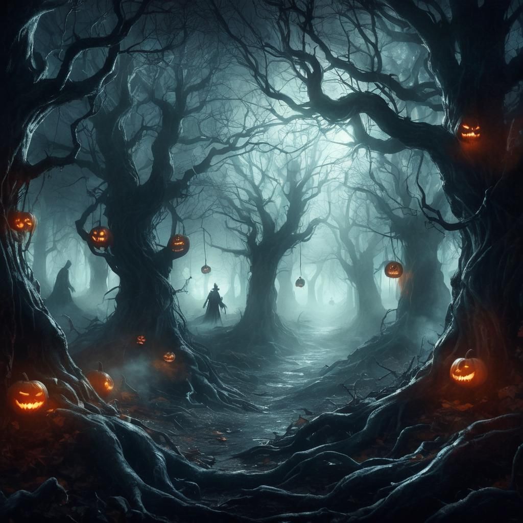 Trick! In the heart of a dark, haunted forest, twisted trees loom ominously, casting eerie shadows that dance in the fai...