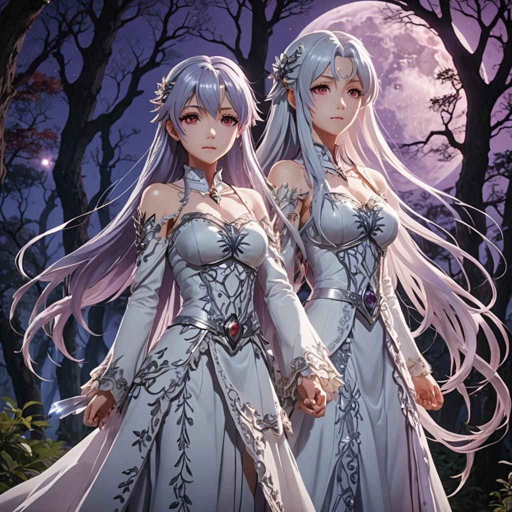 Mystical Anime Waifus Under Moonlit Sky in Vibrant Forest