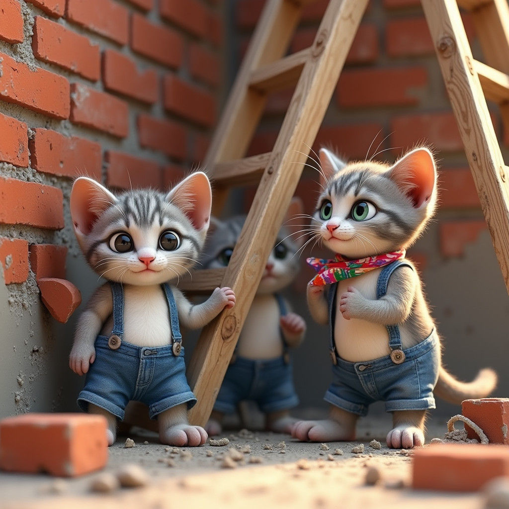 Grey and White Kittens Build on Red Brick Wall with Pine Lad...
