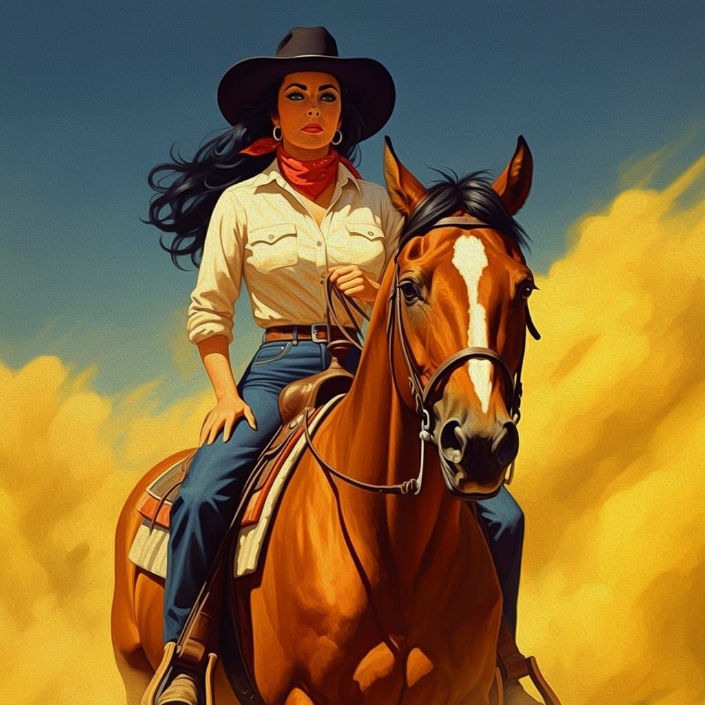 Cowgirl Portrait in Retro Oil Painting Style