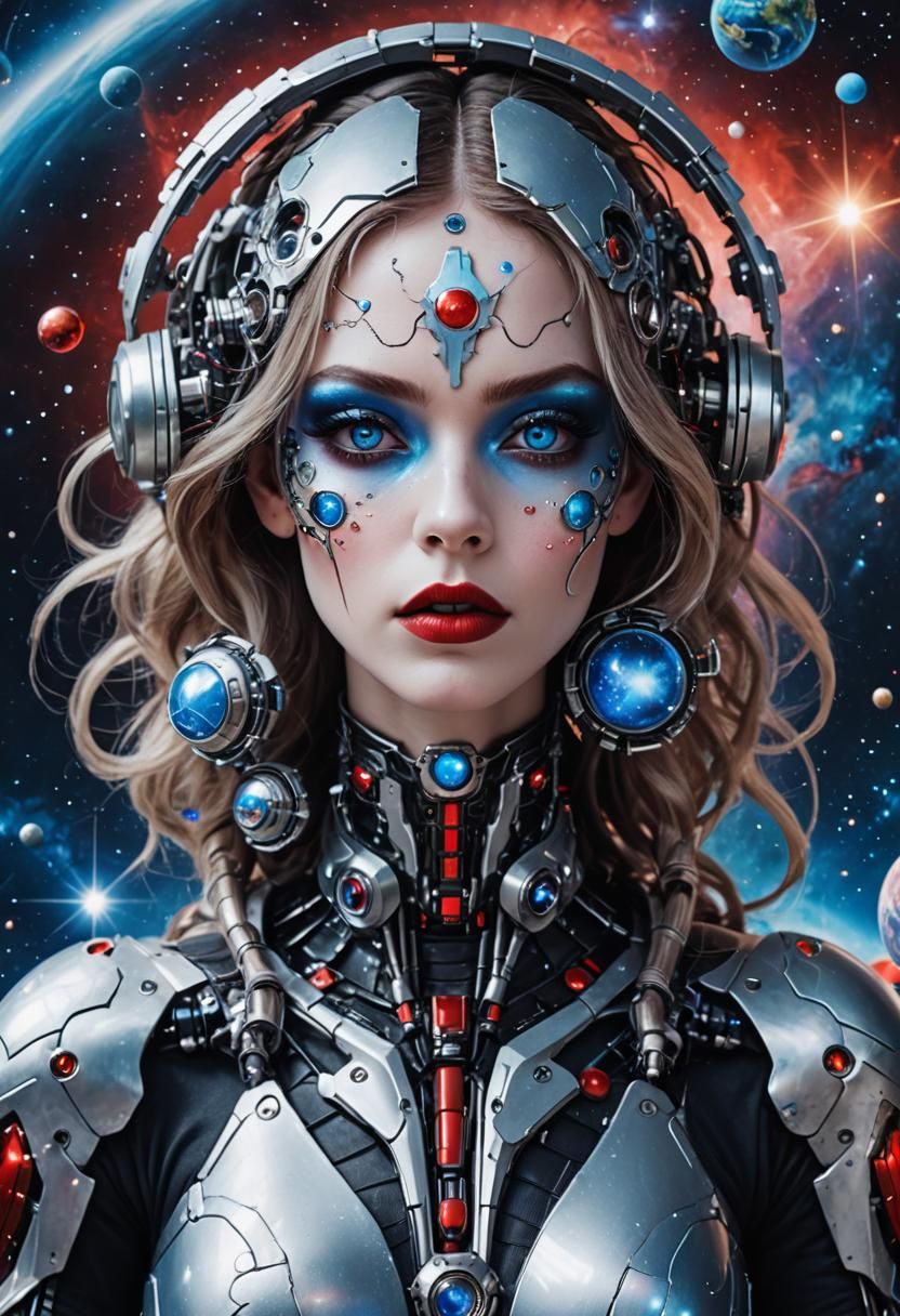 Cyborg Goddess with Vibrant Makeup and Cosmic Surroundings