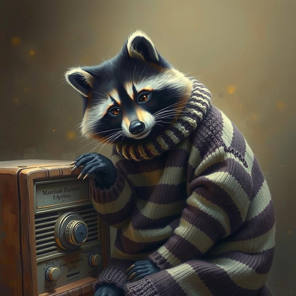 Whimsical Raccoon Radio Scene in Oil Painted Style