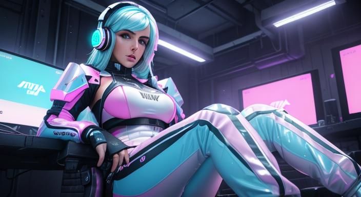 Pastel Cyberpunk Goddess in Trans Flag Latex