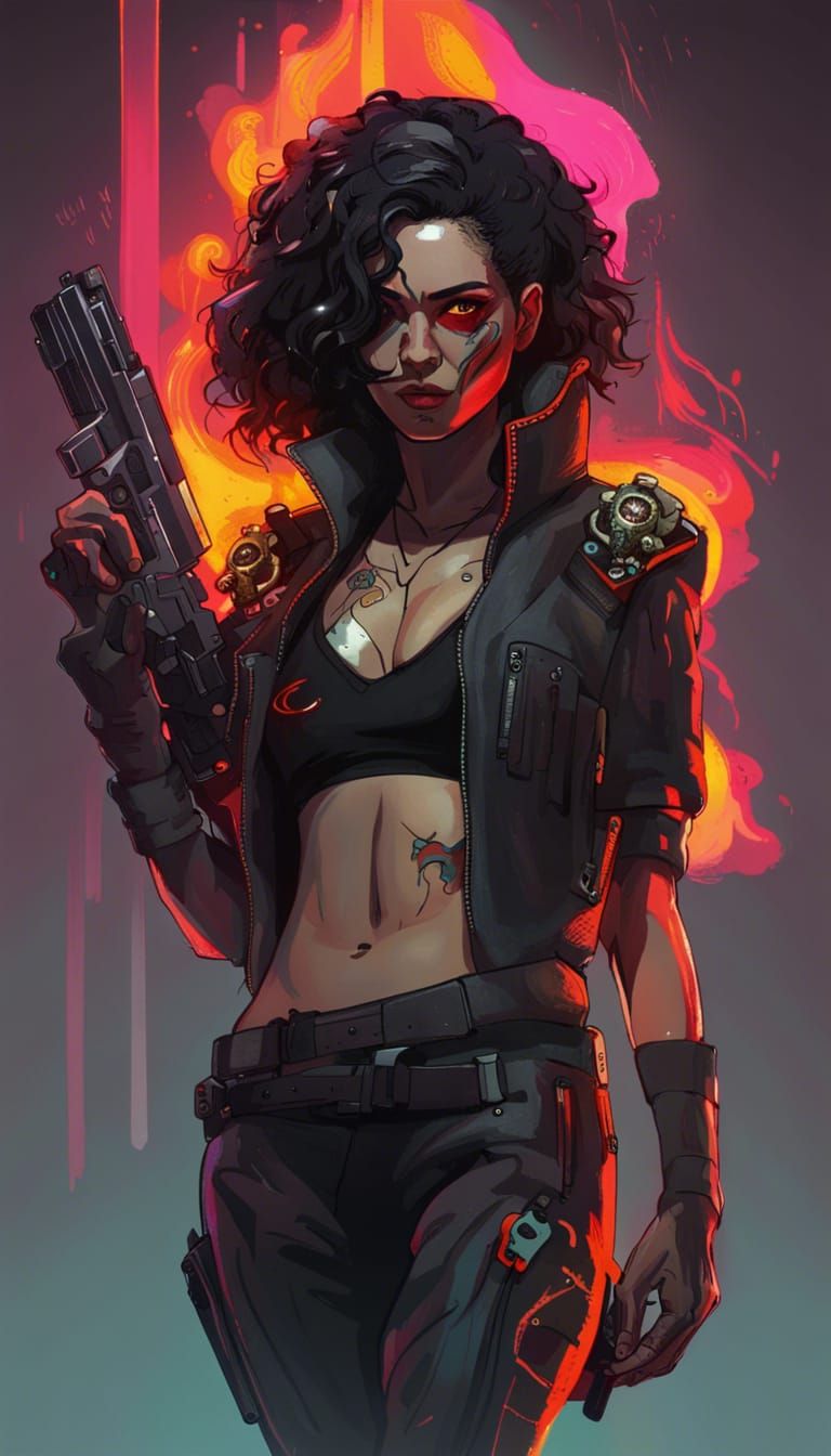 Cyberpunk Warrior Goddess in Fiery Neon Dreams