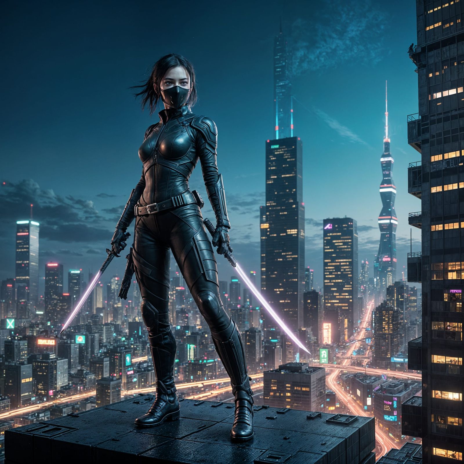 Cyberpunk Ninja Assassin in Tokyo Skyscraper