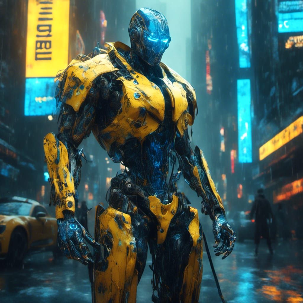 Cybernetic Warrior in Dark Fantasy City