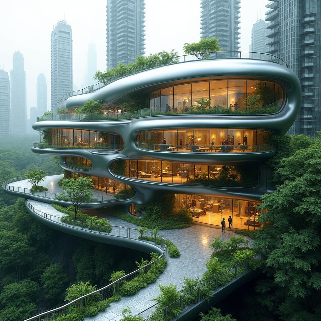 Futuristic Organic Building in Silver and Glass