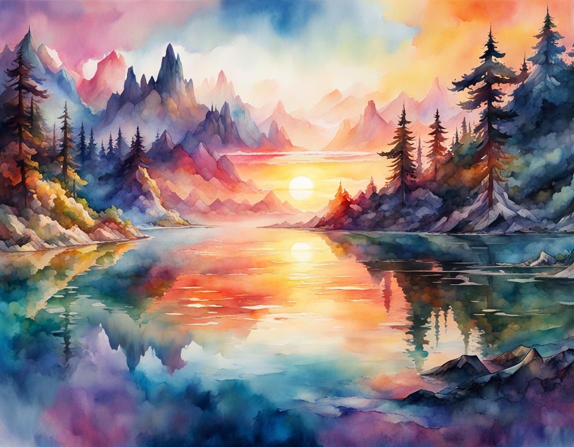 Summer Sunrise Fantasy Landscape in Digital Watercolor