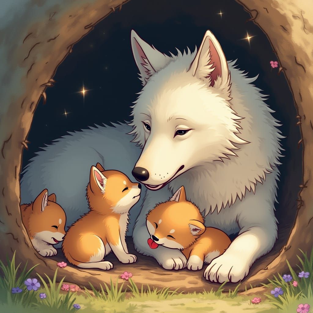 Cozy Dire Wolf Family in Vibrant Anime-Inspired Scene