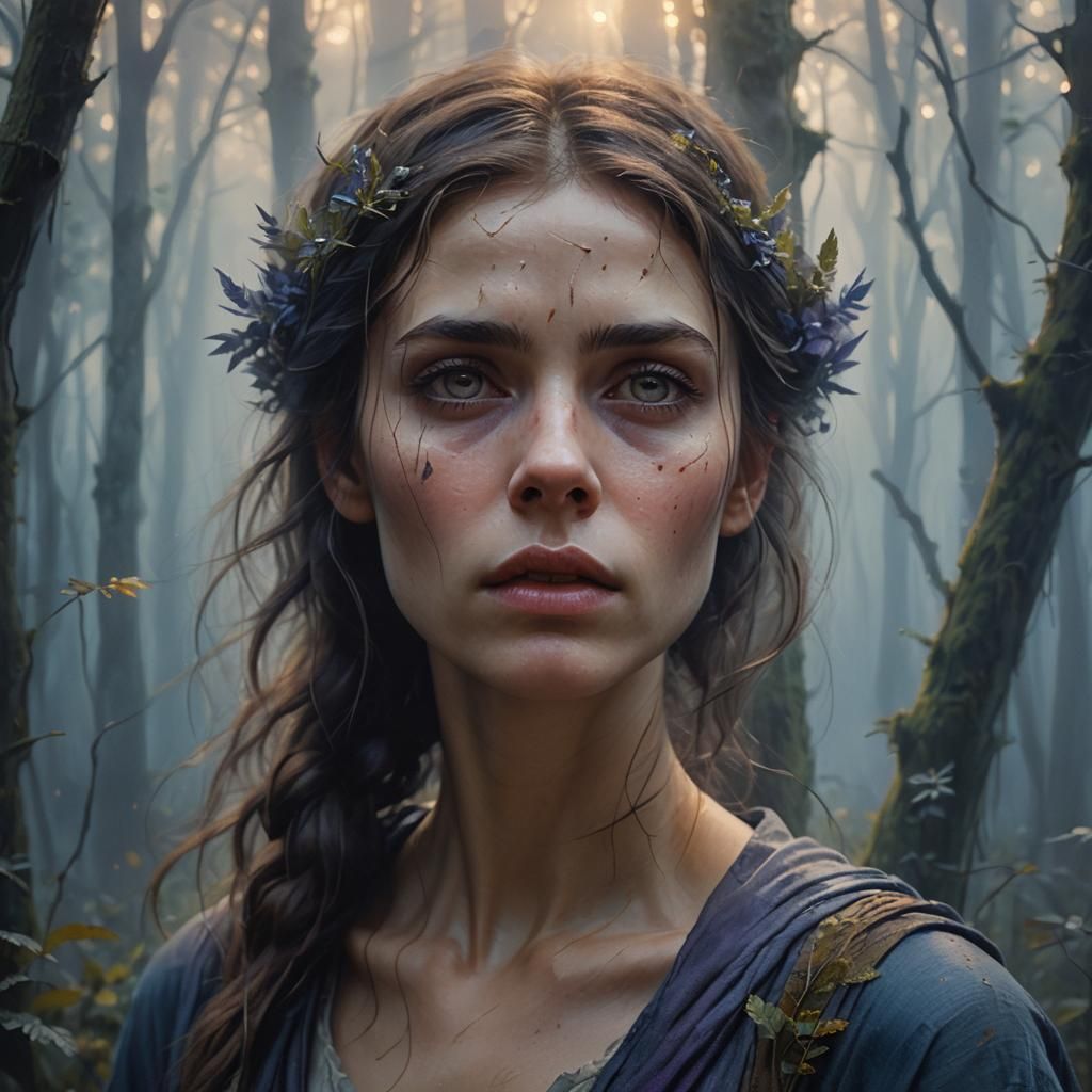 Girl in Ethereal Forest Suffers in Silence