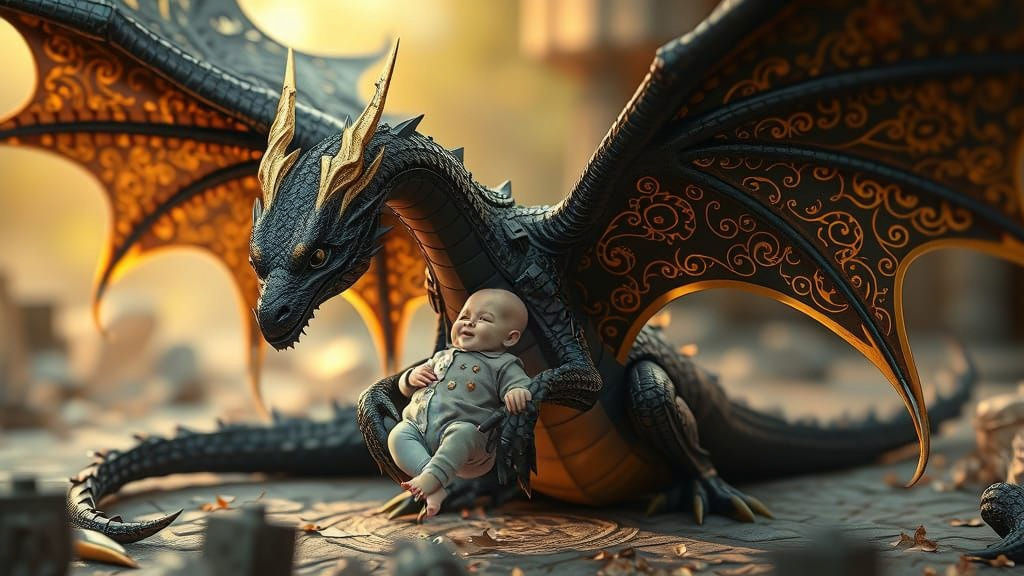 Dragon Delivers Baby in Fairycore Hyperrealism